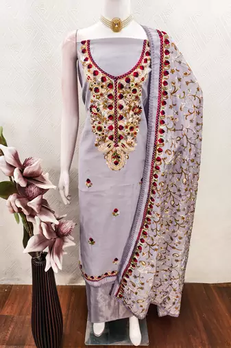 lavender embroidered roman silk unstitched dress material 