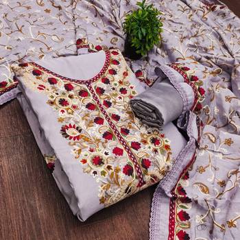 lavender embroidered roman silk unstitched dress material  4