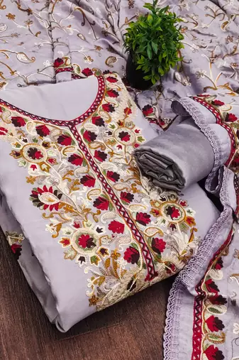 lavender embroidered roman silk unstitched dress material 
