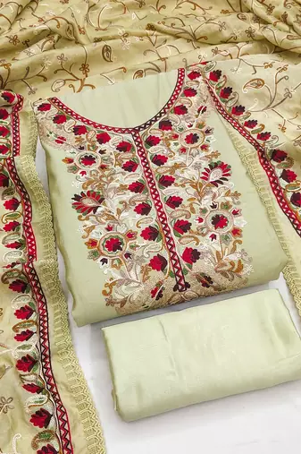 olive green embroidered roman silk unstitched dress material 