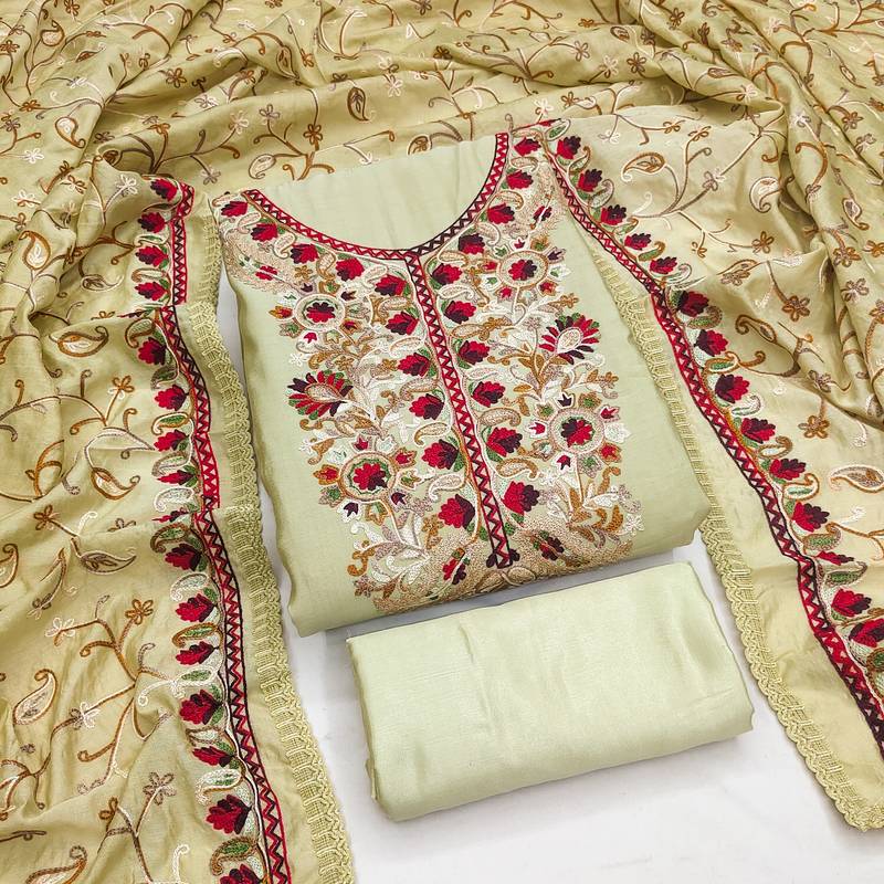 olive green embroidered roman silk unstitched dress material 