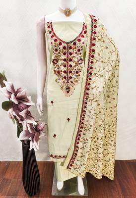 olive green embroidered roman silk unstitched dress material  2