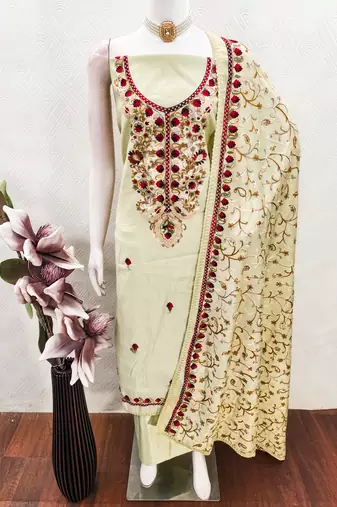 olive green embroidered roman silk unstitched dress material 