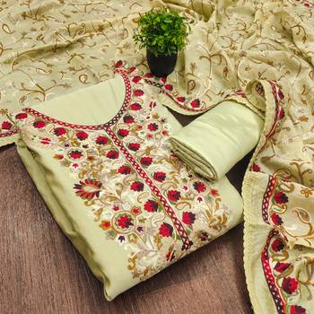 olive green embroidered roman silk unstitched dress material  3