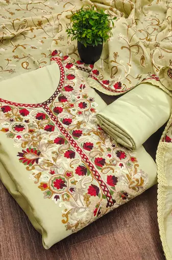 olive green embroidered roman silk unstitched dress material 