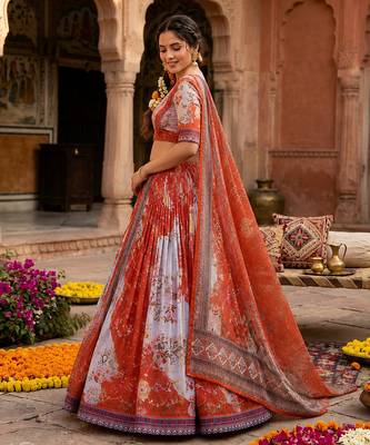RED SEQUINS ZARI EMROIDERY WORK ORGANZA LEHENGA CHOLI SET FOR WOMEN'S 4