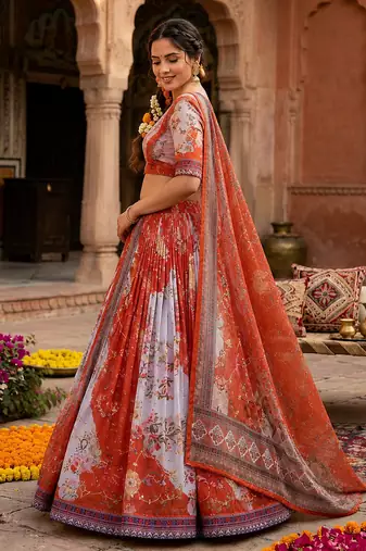 RED SEQUINS ZARI EMROIDERY WORK ORGANZA LEHENGA CHOLI SET FOR WOMEN'S