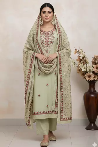 olive green embroidered roman silk unstitched dress material 