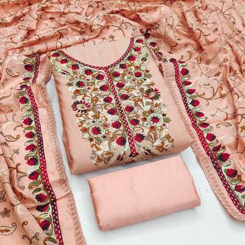 peach embroidered roman silk unstitched dress material  1