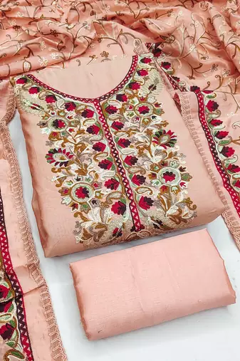 peach embroidered roman silk unstitched dress material 