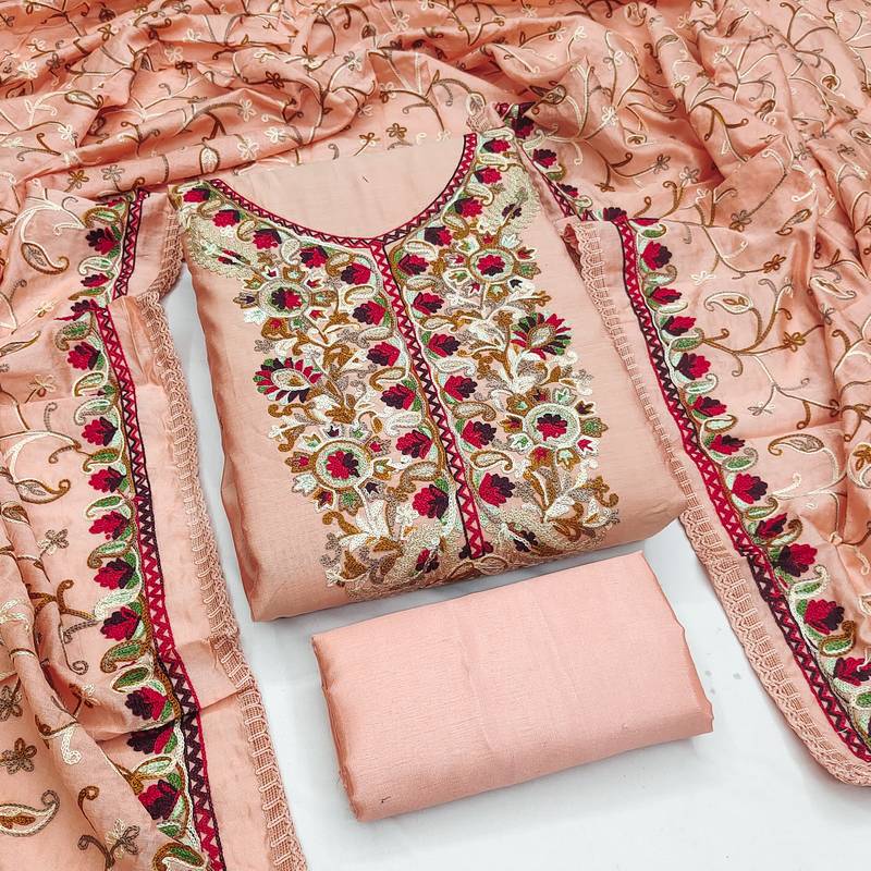 peach embroidered roman silk unstitched dress material 