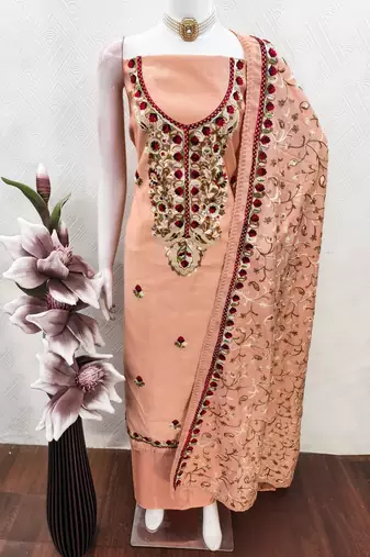 peach embroidered roman silk unstitched dress material 