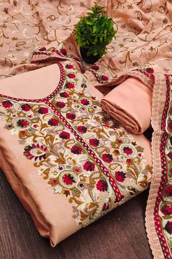 peach embroidered roman silk unstitched dress material 