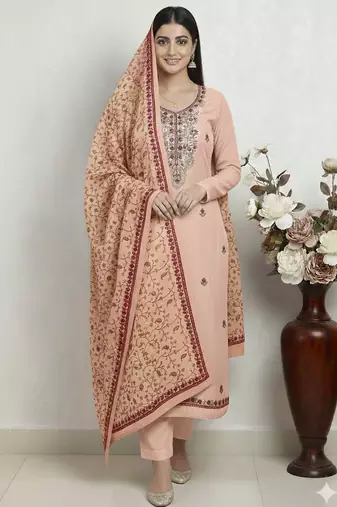 peach embroidered roman silk unstitched dress material 