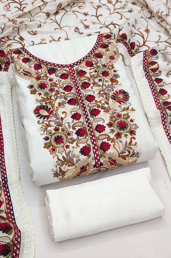 white embroidered roman silk unstitched dress material 