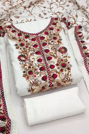 white embroidered roman silk unstitched dress material 