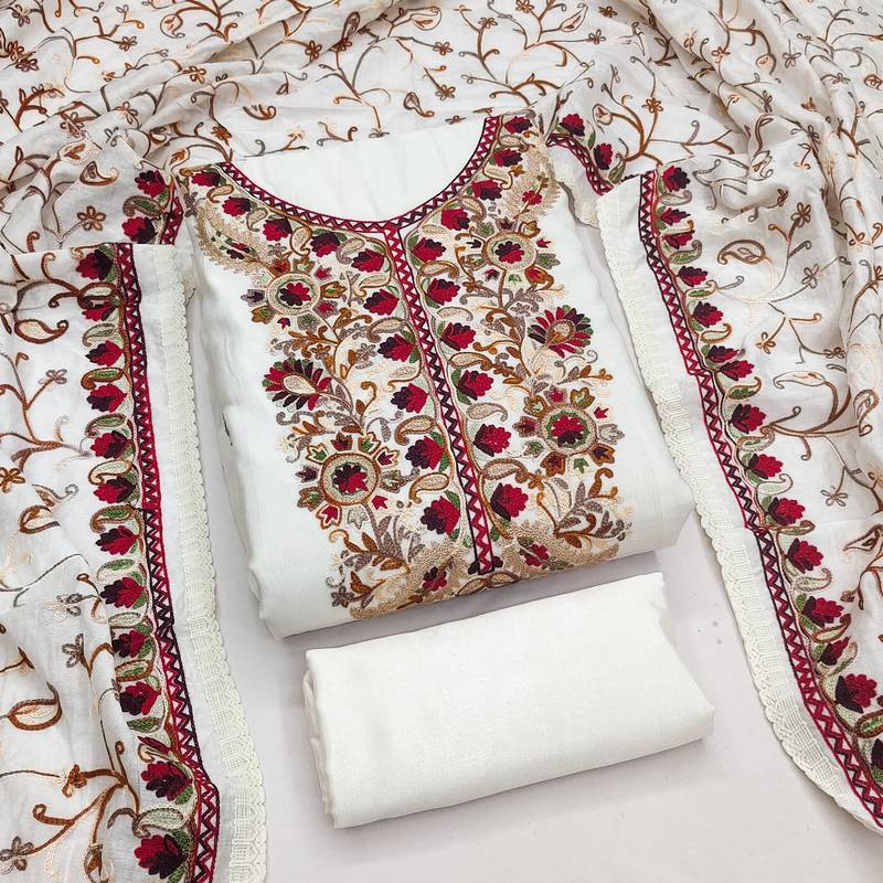 white embroidered roman silk unstitched dress material 
