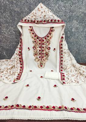 white embroidered roman silk unstitched dress material  2