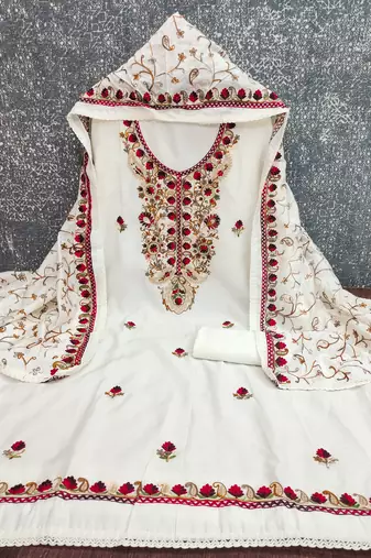 white embroidered roman silk unstitched dress material 