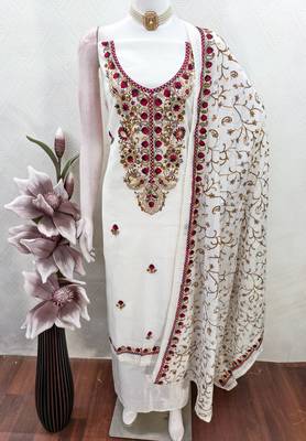 white embroidered roman silk unstitched dress material  3