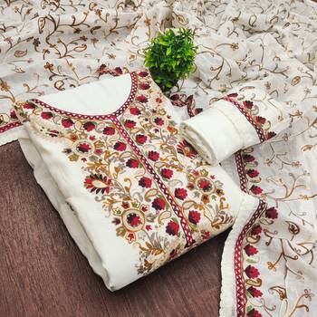 white embroidered roman silk unstitched dress material  4