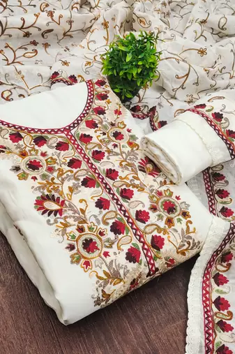 white embroidered roman silk unstitched dress material 
