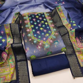 blue printed cotton butti unstitched dress material  1