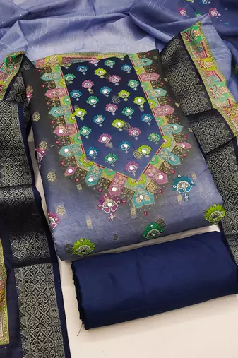 blue printed cotton butti unstitched dress material 