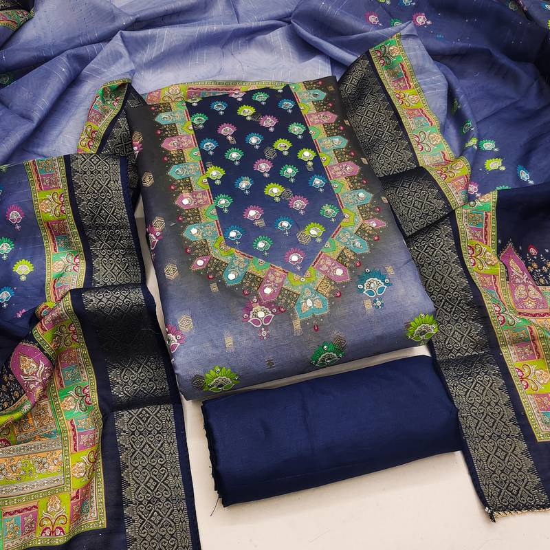 blue printed cotton butti unstitched dress material 