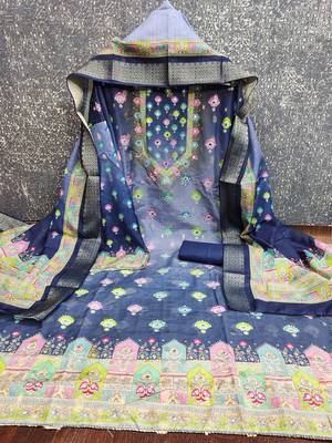 blue printed cotton butti unstitched dress material  2