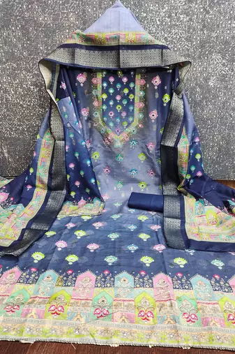 blue printed cotton butti unstitched dress material 