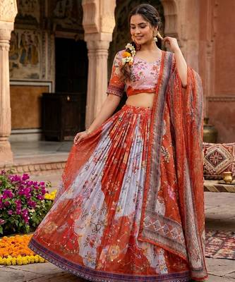 RED SEQUINS ZARI EMROIDERY WORK ORGANZA LEHENGA CHOLI SET FOR WOMEN'S 5