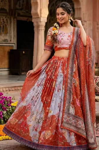 RED SEQUINS ZARI EMROIDERY WORK ORGANZA LEHENGA CHOLI SET FOR WOMEN'S