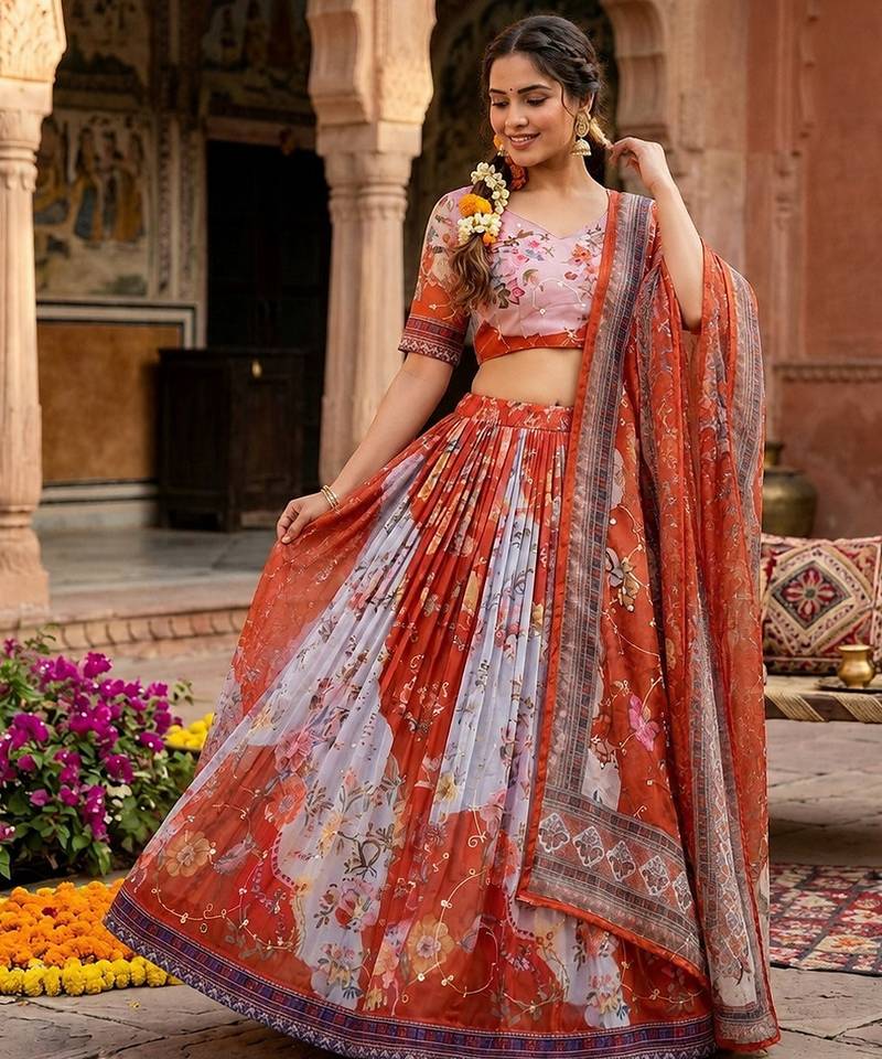 RED SEQUINS ZARI EMROIDERY WORK ORGANZA LEHENGA CHOLI SET FOR WOMEN'S