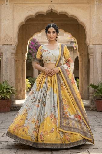 YELLOW SEQUINS ZARI EMROIDERY WORK ORGANZA LEHENGA CHOLI SET FOR WOMEN'S