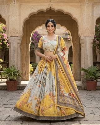 YELLOW SEQUINS ZARI EMROIDERY WORK ORGANZA LEHENGA CHOLI SET FOR WOMEN'S 1