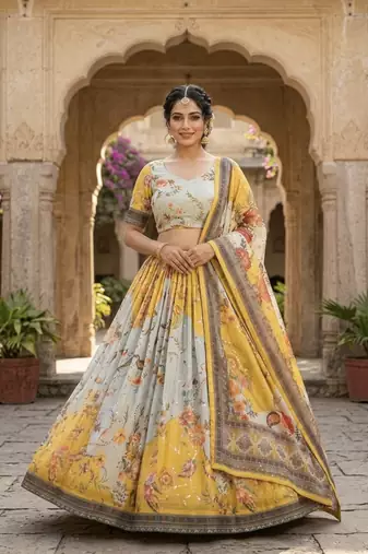 YELLOW SEQUINS ZARI EMROIDERY WORK ORGANZA LEHENGA CHOLI SET FOR WOMEN'S