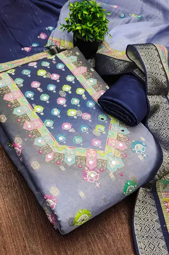 blue printed cotton butti unstitched dress material 