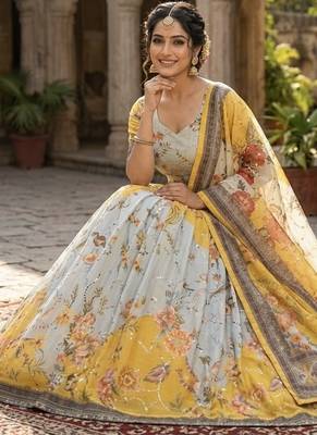 YELLOW SEQUINS ZARI EMROIDERY WORK ORGANZA LEHENGA CHOLI SET FOR WOMEN'S 2