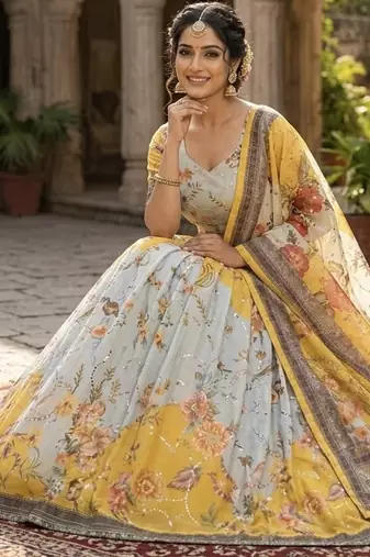 YELLOW SEQUINS ZARI EMROIDERY WORK ORGANZA LEHENGA CHOLI SET FOR WOMEN'S