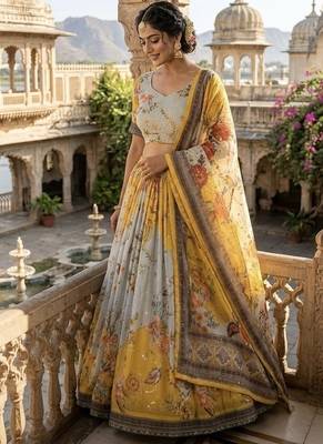 YELLOW SEQUINS ZARI EMROIDERY WORK ORGANZA LEHENGA CHOLI SET FOR WOMEN'S 3