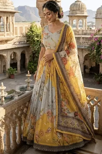 YELLOW SEQUINS ZARI EMROIDERY WORK ORGANZA LEHENGA CHOLI SET FOR WOMEN'S