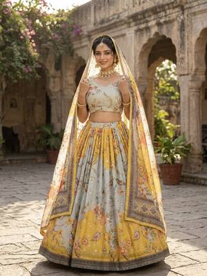 YELLOW SEQUINS ZARI EMROIDERY WORK ORGANZA LEHENGA CHOLI SET FOR WOMEN'S 4