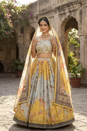 YELLOW SEQUINS ZARI EMROIDERY WORK ORGANZA LEHENGA CHOLI SET FOR WOMEN'S