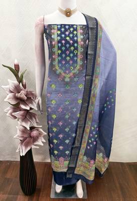 blue printed cotton butti unstitched dress material  4