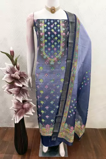 blue printed cotton butti unstitched dress material 