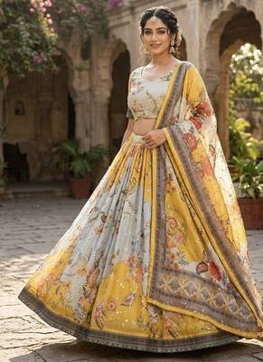YELLOW SEQUINS ZARI EMROIDERY WORK ORGANZA LEHENGA CHOLI SET FOR WOMEN'S 5