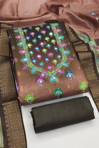 brown printed cotton butti unstitched dress material 