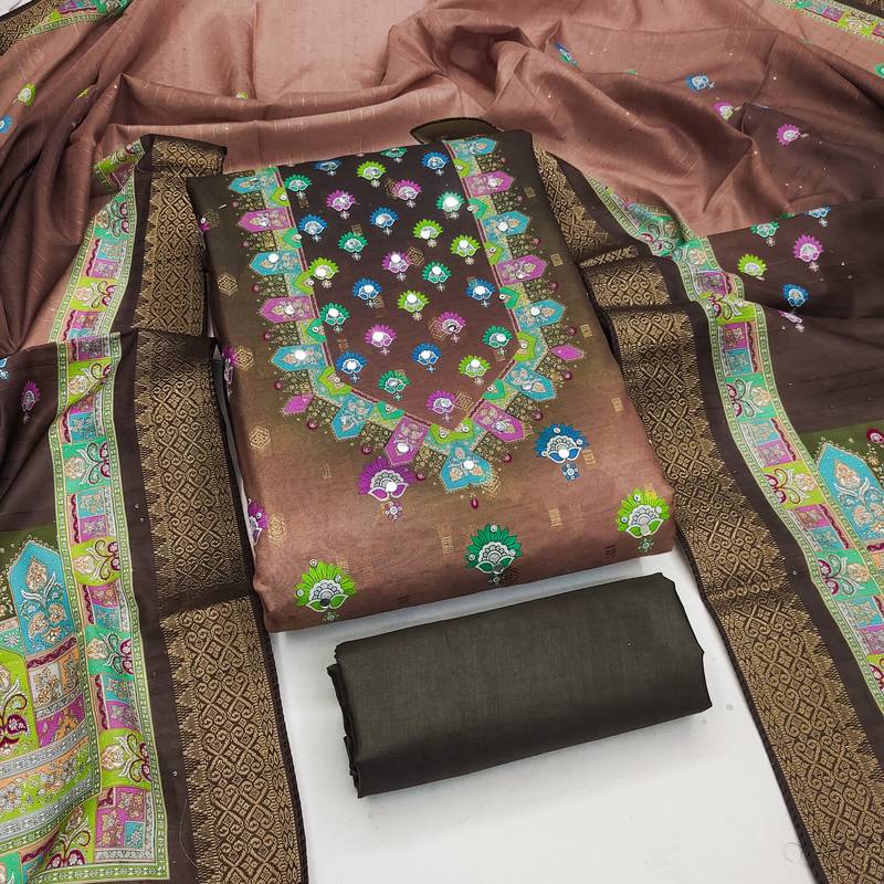 brown printed cotton butti unstitched dress material 