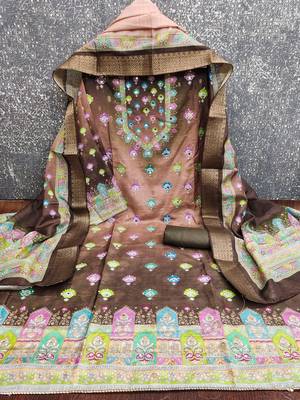 brown printed cotton butti unstitched dress material  2